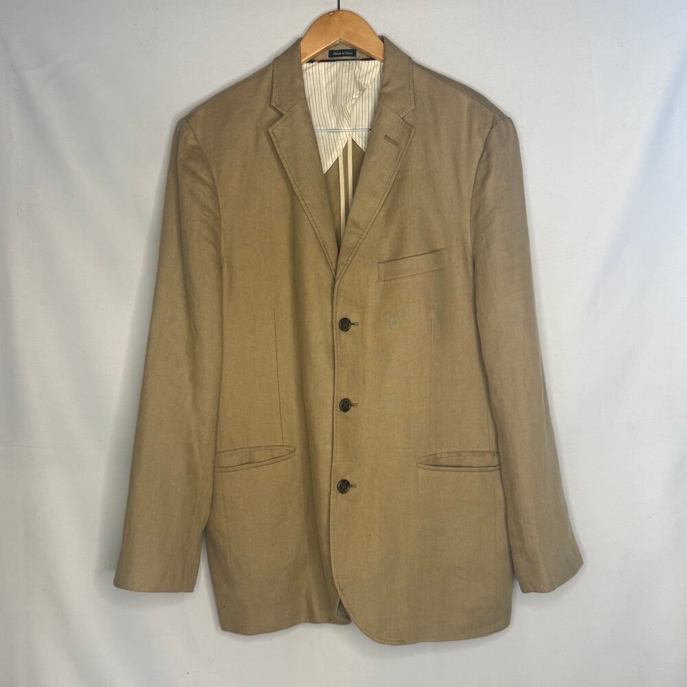 J.Crew Mens 100% Irish Linen 2 Piece Suit Blazer 46R Pants Tan Khaki